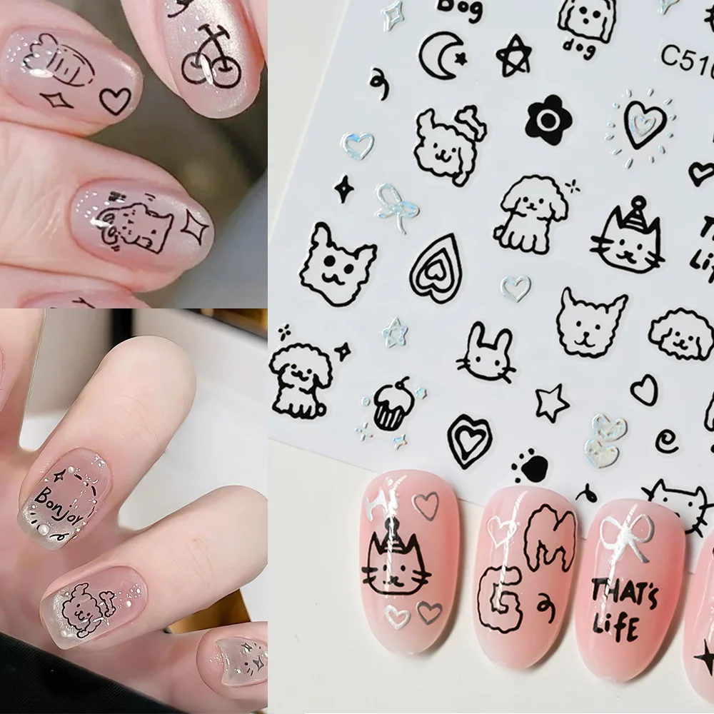 

1pcs 3D Cute Black Smile Dog Nail Stickers Y2K Cartoon Line Graffiti Cat Footprint Decal graffiti Star Heart Bowknot Nail Slider