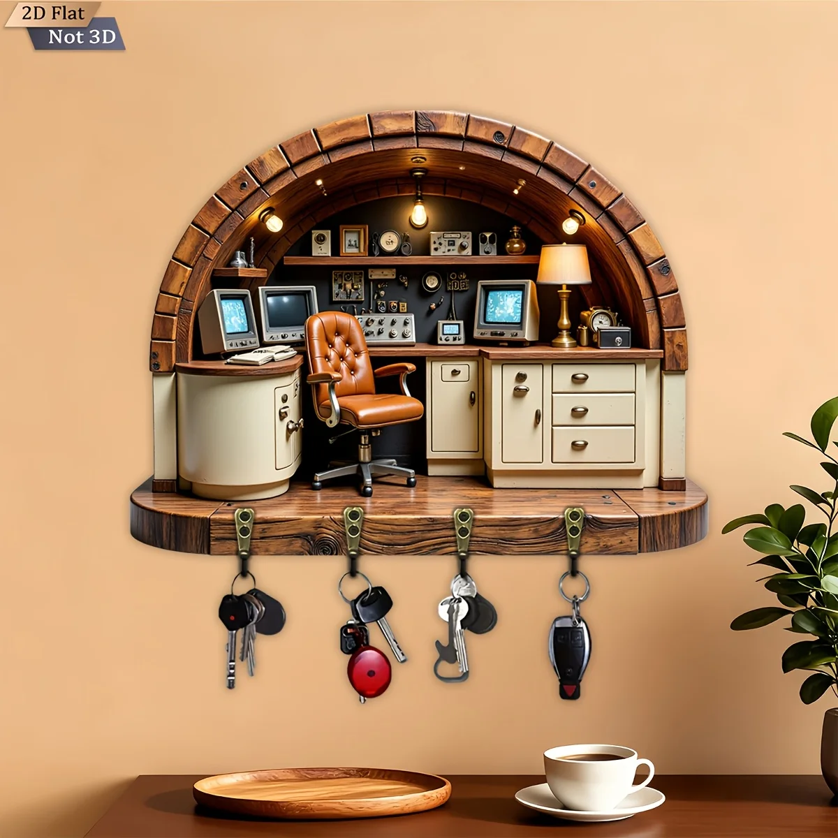 2D flach, 1 Stück, Retro-Tech-Stil-Themen-Schlüsselhaken aus Holz, multifunktionales Schlüsselregal für Zuhause, mit vier Metallhaken, Wanddekoration,