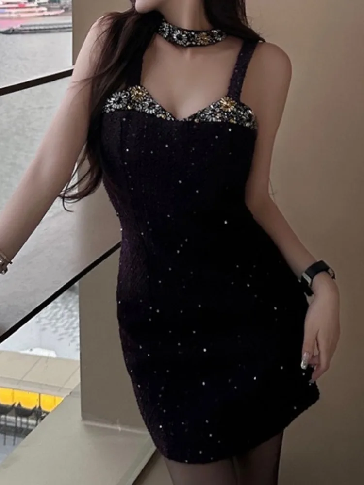 UCXQ Elegant Short Dress Hotsweet Strapless V-neck Studded Diamonds Sequin Waist Fashion Women's Dresses 2025 Spring Autumn 2811