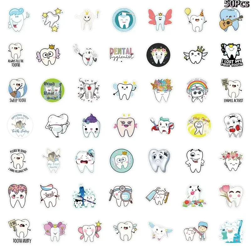 50Pcs Tooth Shaped Dental Stickers Cartoon Decoration for Early Childhood Education Dentistry Dental Clinic Decals
