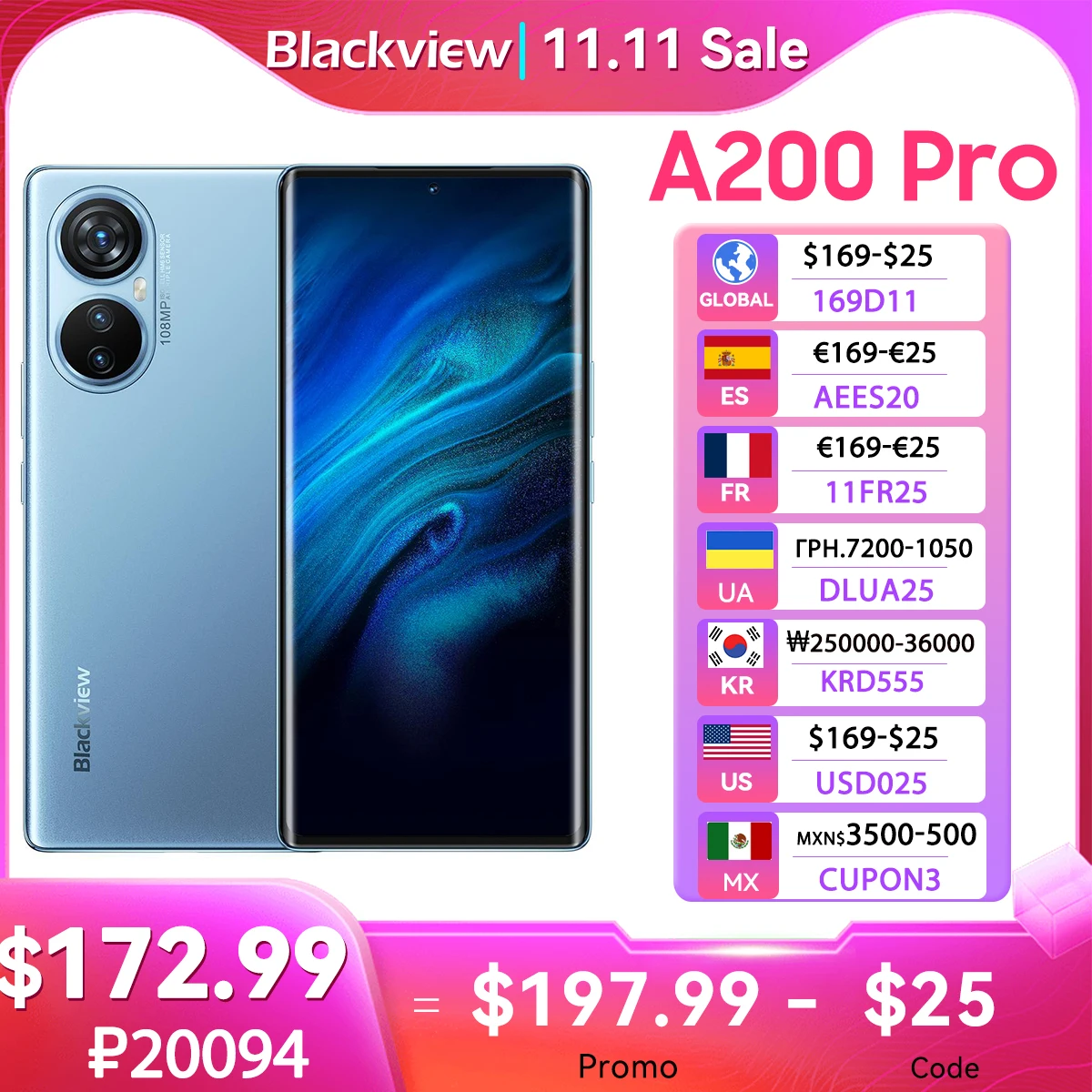 Blackview A200 Pro Mobile Phone G99 6.67''120HZ AMOLED Curved Display Smartphone 12GB 256GB Android 13 108MP Camera 66W Fast PD