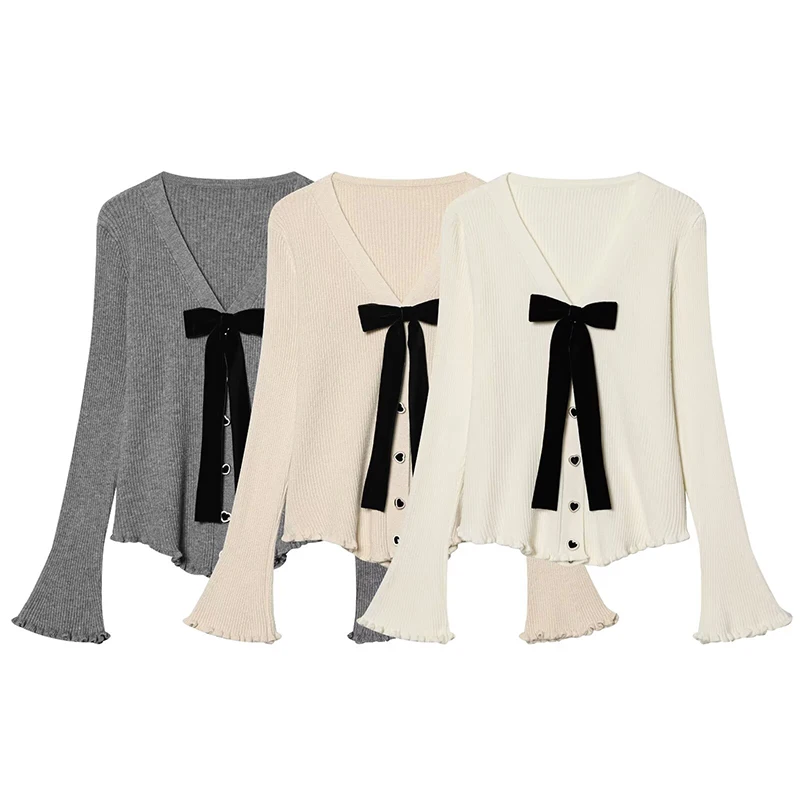 

YENKYE Spring 2026 Women Casual Knit Cardigan Velvet Bow Tie Flare Sleeve Ruffle Hem Slim Outerwear For Daily Wear