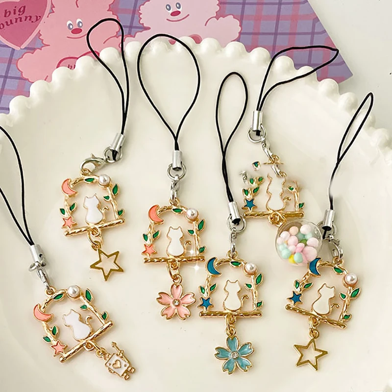 Star Moon Cat Phone Rope Keychain Women Phone Pendant Cartoon Charms Chain For Keys Bags Accessories Ins Korea Handmade DIY Case