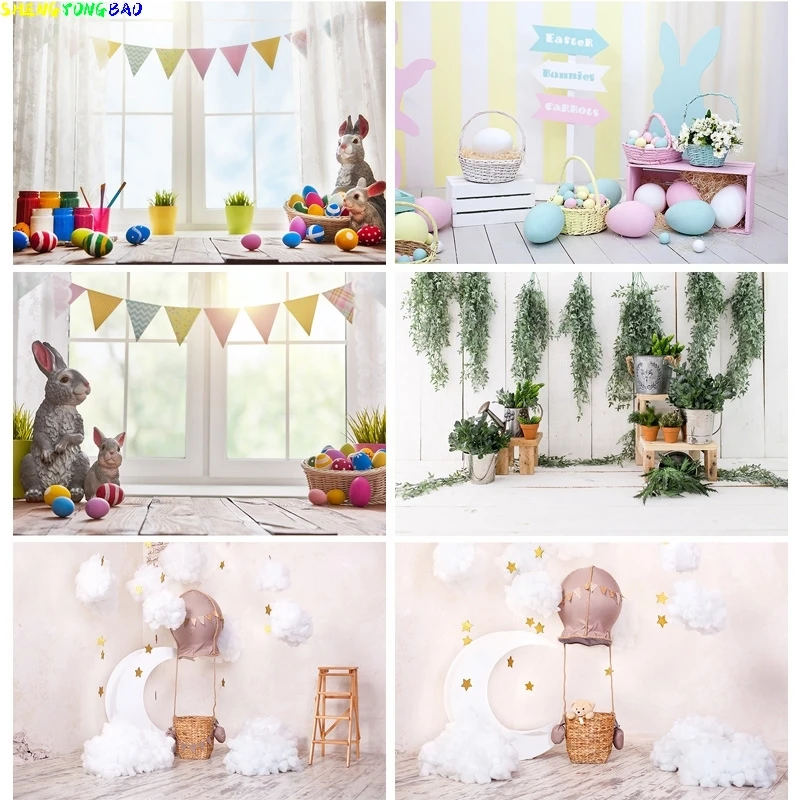 

Vinyl Custom Spring Easter Photography Backdrop Rabbit Flowers Eggs Wood Board Photo Background Studio Props FH-51