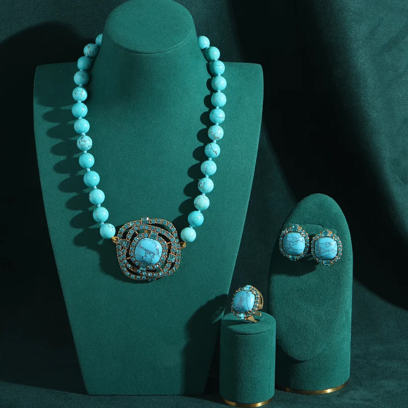 Vintage Turquoise Jewelry Set Square Rhinestone Beaded Pendant Necklace Ring Earring For Women Luxury Charms Dubai Fashion Party