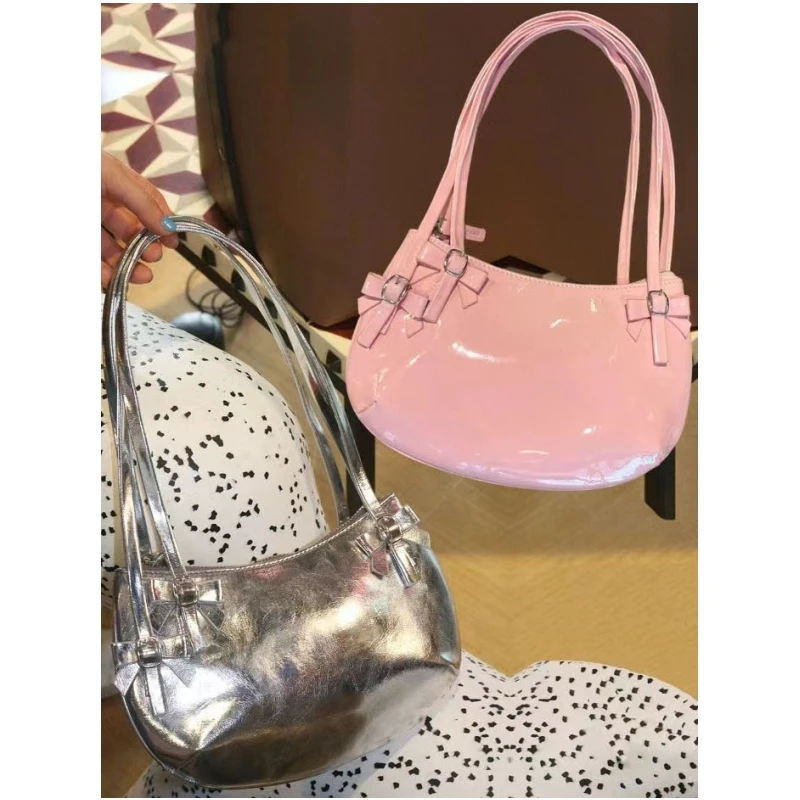 

Новинка 2024, Женская Яркая сумка-тоут с бантом, розовая Серебристая женская сумка через плечо Y2K