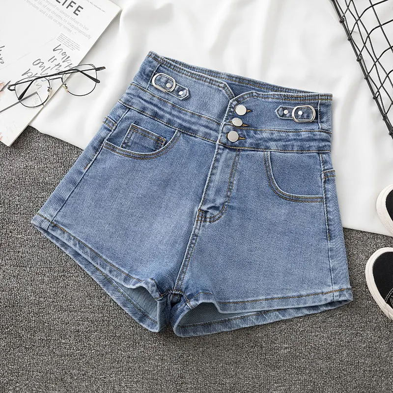 Celana Pendek Denim Elastis Pinggang Tinggi Model A-Line Korea untuk Wanita, Musim Panas, Kancing Depan, Efek Langsing, Kaki Lebar