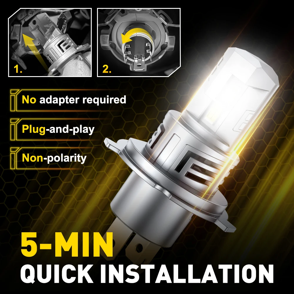 2Pcs AUXITO 30000LM H4 LED Lights Bulb 9003 Headlights High and Low Beam Super Bright with Fan Wireless Style 60W Car Headlamp