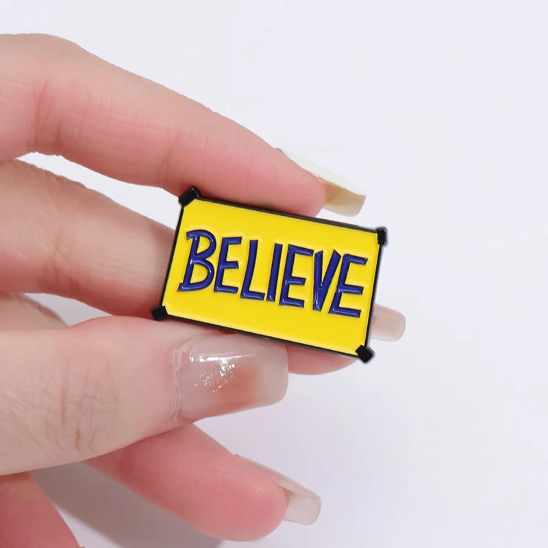 BELIEVE Enaeml Pins Yellow Color Quotes Brooch Lapel Badges Jewelry Gift for Friends Kids