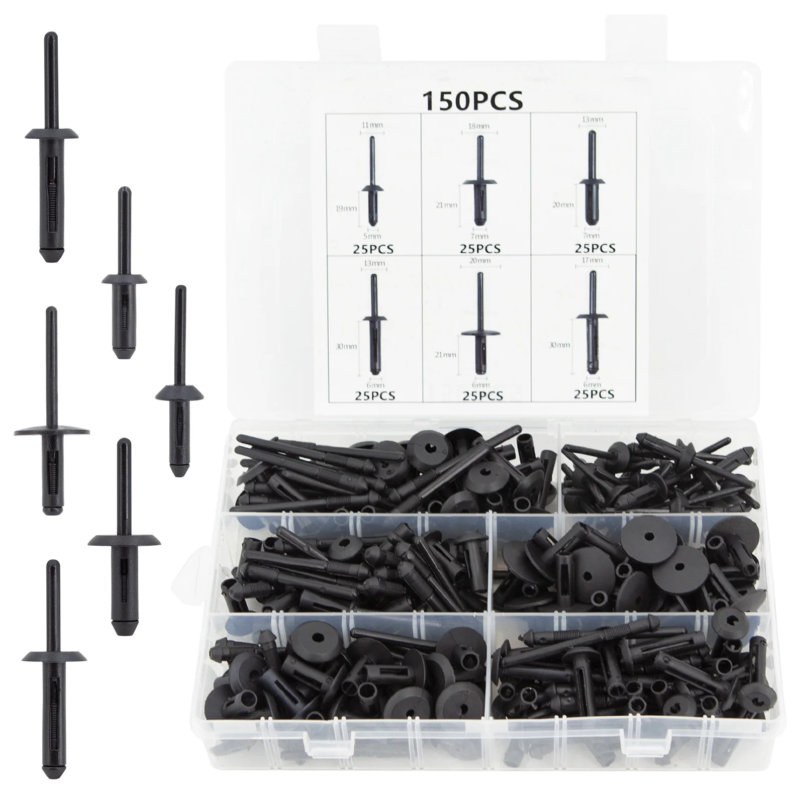 

150Pcs 6 Sizes Black Nylon Pop Rivet Assortment Plastic Rivet Clip Nylon Blind Rivets Compatible with GM Ford Chrysler VW