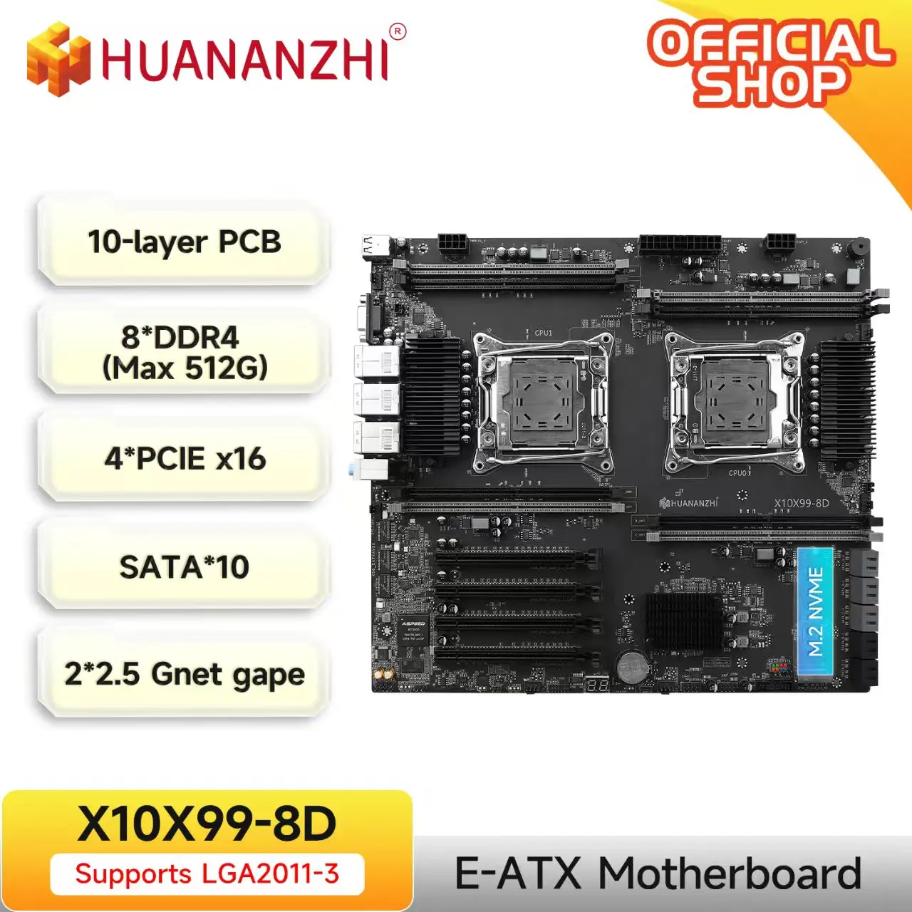 اللوحة الأم X10X99-8D V1.0 LGA2011-3، Intel C612، 8DDR4 512GB، 22.5G LAN، M.2 NVMe، PCB ذو 10 طبقات، لوحة خادم E-ATX #1