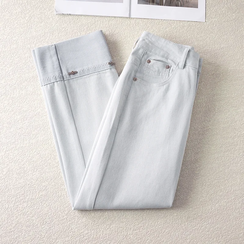 جينز بتصميم كتلة الألوان تسع نقاط للنساء صيفي متعدد الاستخدامات للتخسيس، سروال مستقيم عصري #3