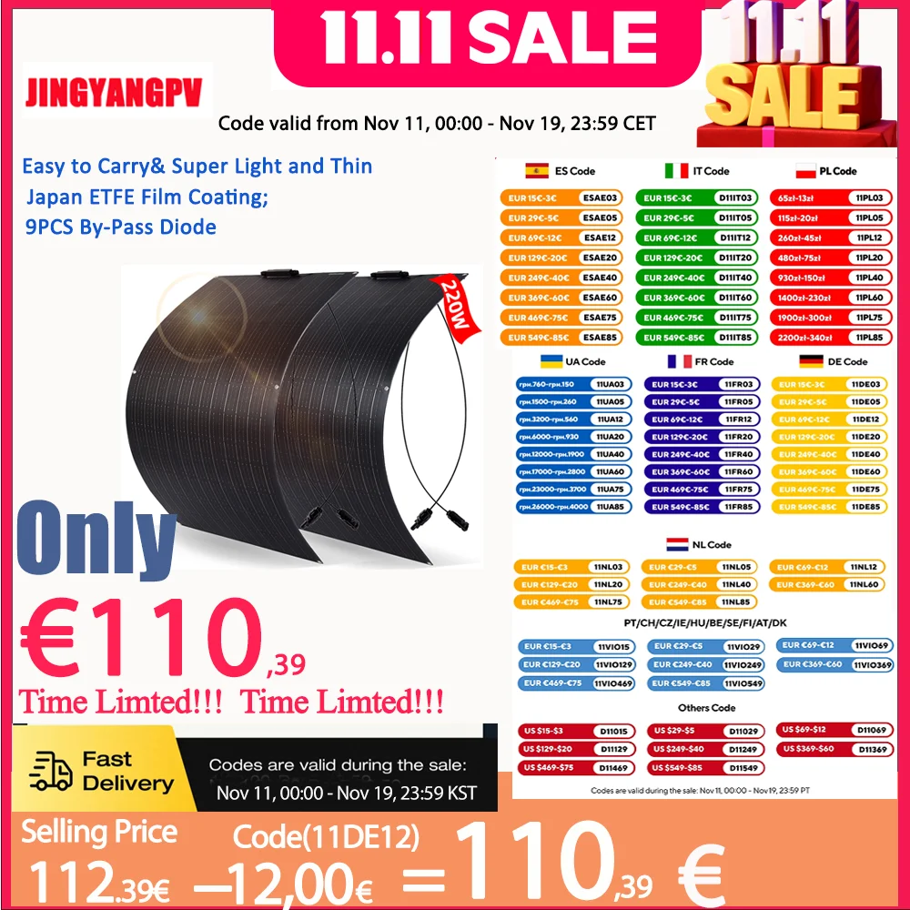 لوحة طاقة شمسية 18 فولت 110 واط 220 واط 330 واط 440 واط ETFE لوحة طاقة شمسية مرنة الخلايا الشمسية أحادية البلورية 1000 واط نظام المنزل أطقم RV قارب سيارة