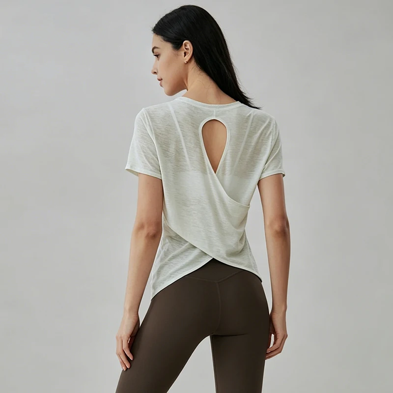 Women See‑Through Mesh Yoga Top Back Hollow Twist Short Sleeve Sports T‑Shirt Breathable Gym Fitness Workout Running Athletic Te