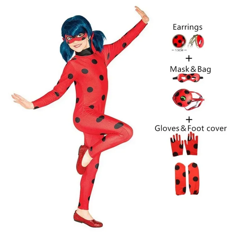 Cos Children's Anime Ladybird Costume with Mask Girl Cosplay Carnival Party Stage Performance Clothing for Kids