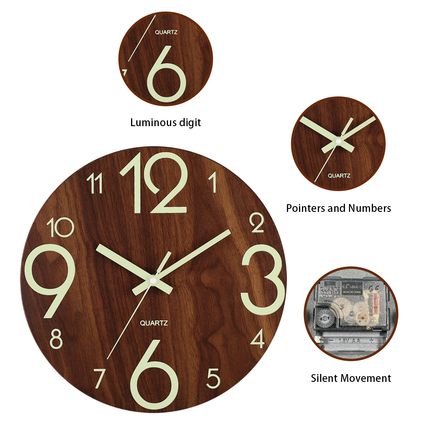 ساعة حائط بدون إطار مع إضاءة ليلية ، كتم الصوت ، مضيئة ، رقمية ، غرفة معيشة ، غرفة نوم ، ديكور ، 12 بوصة ، 1