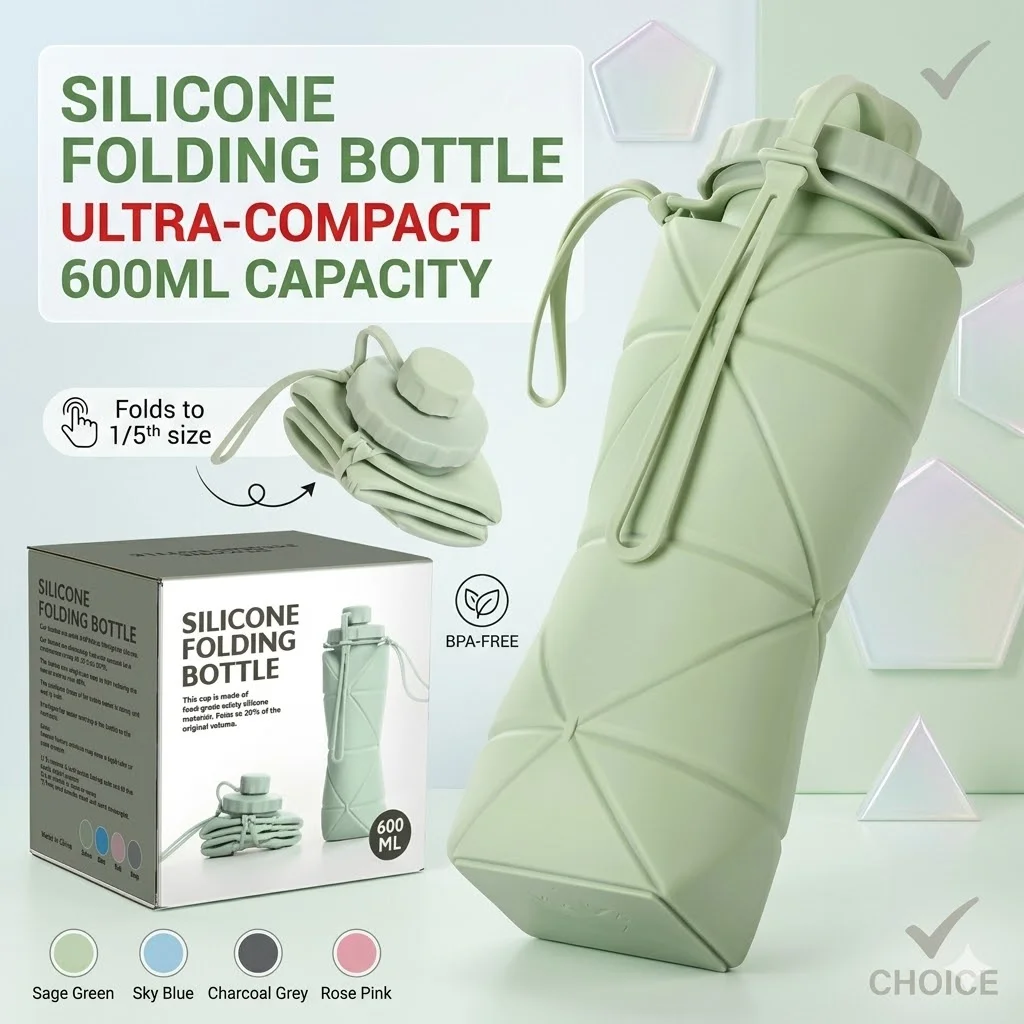 600ML Collapsible Silicone Water Bottle BPA Free Foldable Portable Leakproof Sports Cups Travel Camping Gym Cycling Drinkware