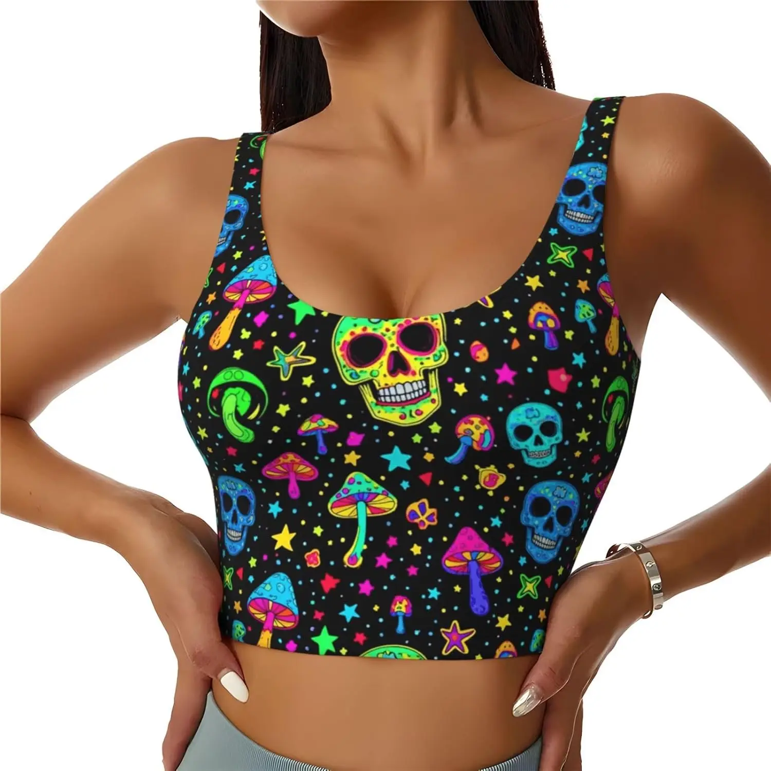 Vibrant Neon Sugar Skull Mushroom Print Crop Top Women Comfortable Yoga Bras Tank Tops for Sports Workout Tank Top Girls
