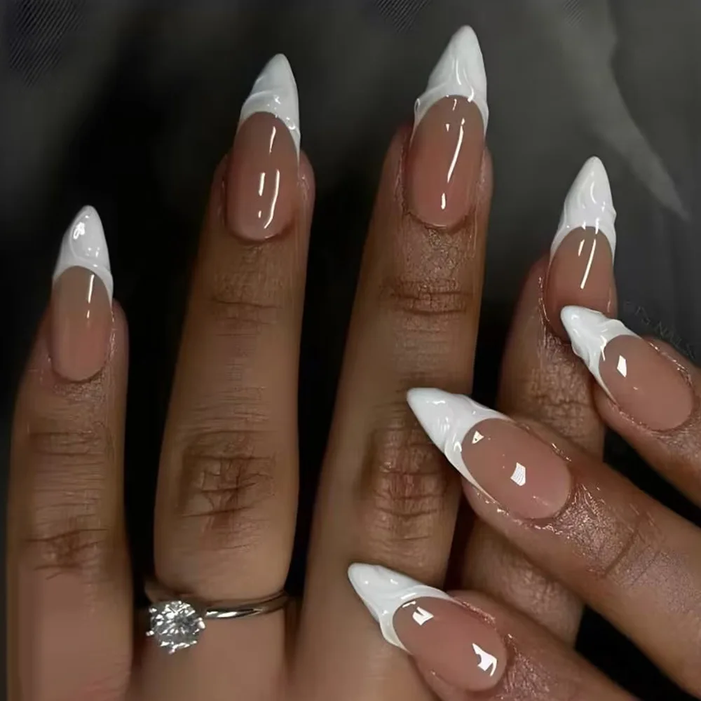 

24pcs Ripple Pattern False Nails Sets White French Long Almond Press on Fake Nails Art Detachable Simple Fashion Manicure Tips