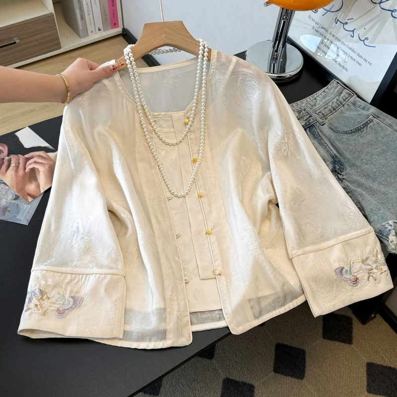 

New Chinese Sle Long Sve Embroidered round Ne Button up Top with Vintage Strap Two Piece Set Women's Faion Clothing