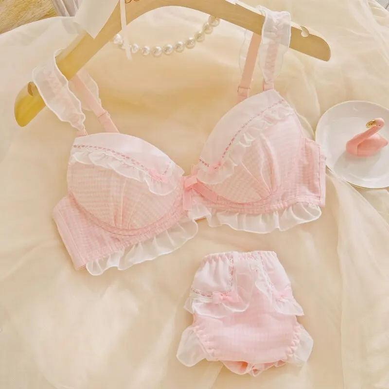 

Комплект бюстгальтеров и трусиков в японском стиле для девочек, милый комплект в стиле Лолита, розовый, в клетку, с кружевом и рюшами, удобный комплект белья в стиле кавайи