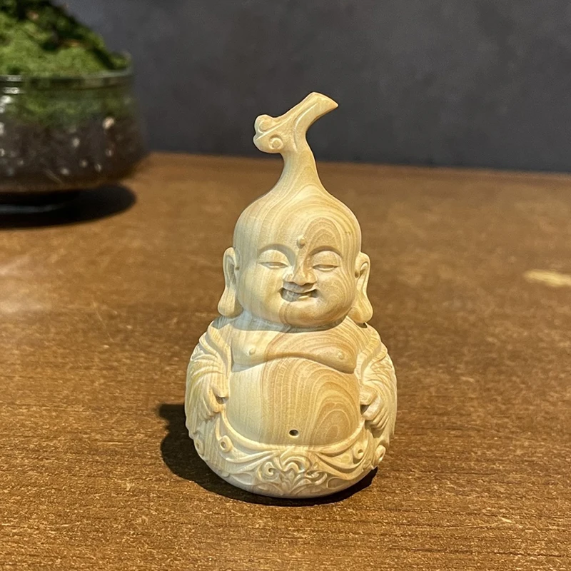 BY267 - 8 X 4 X 4 cm Boxwood Carved Figurine Netsuke : Buddha in Gourd Shape