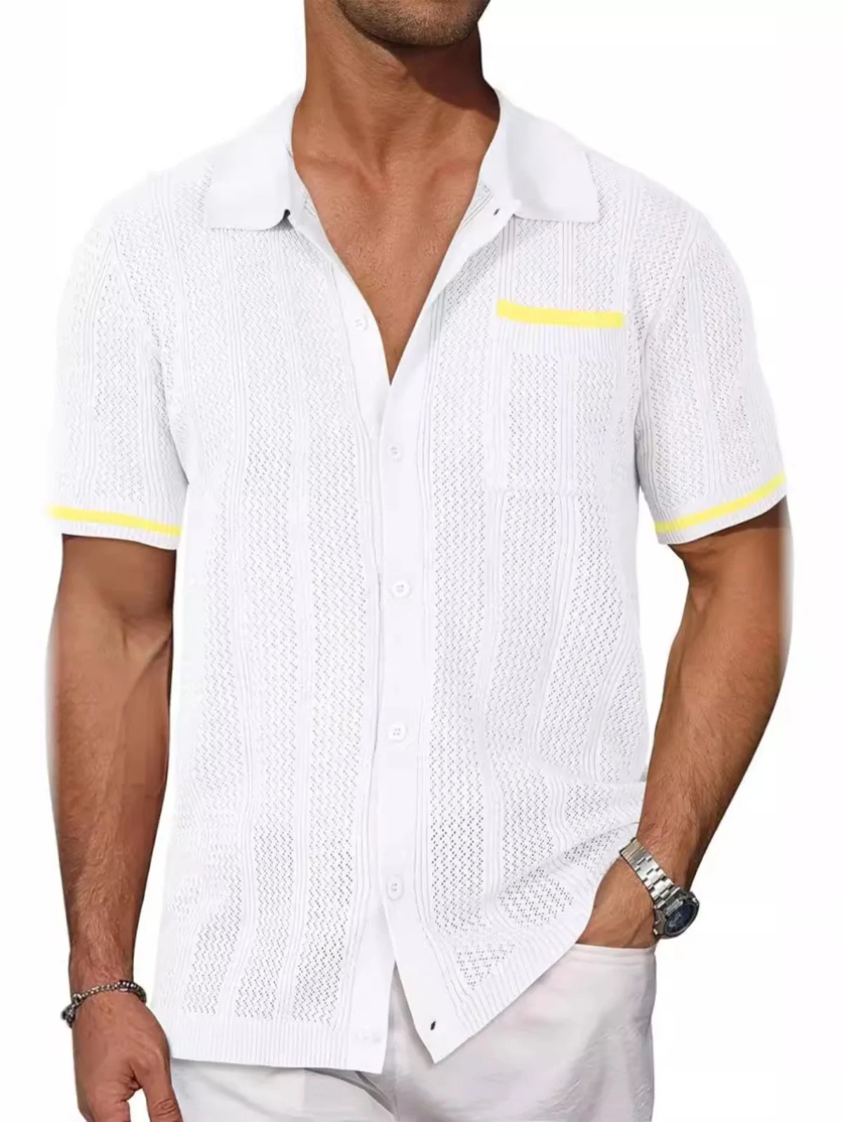 

Men's Breathable ort Sve irt Hollow out Cool Lightweight Summer Casual Commute Striped Pattern Thin Material irt