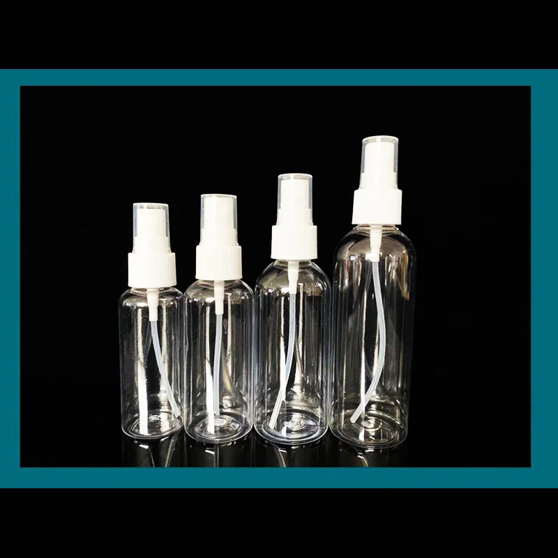 Botella de Spray transparente vacía, botellas recargables, atomizador de Perfume de plástico, paquete de viaje portátil, Alcohol, cosméticos, Sub botella