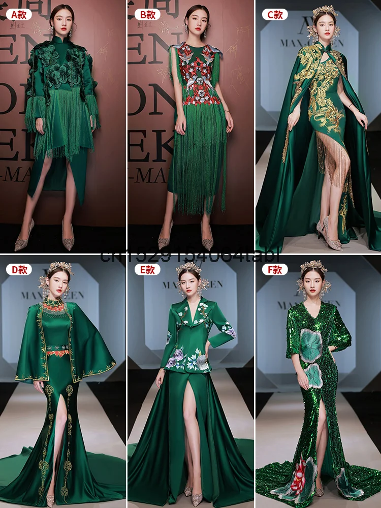 

China-Chic Chinese Style Catwalk Cheongsam Long Performance Stage Clothes High-end Atmosphere Host Dress Women Green Han Fu