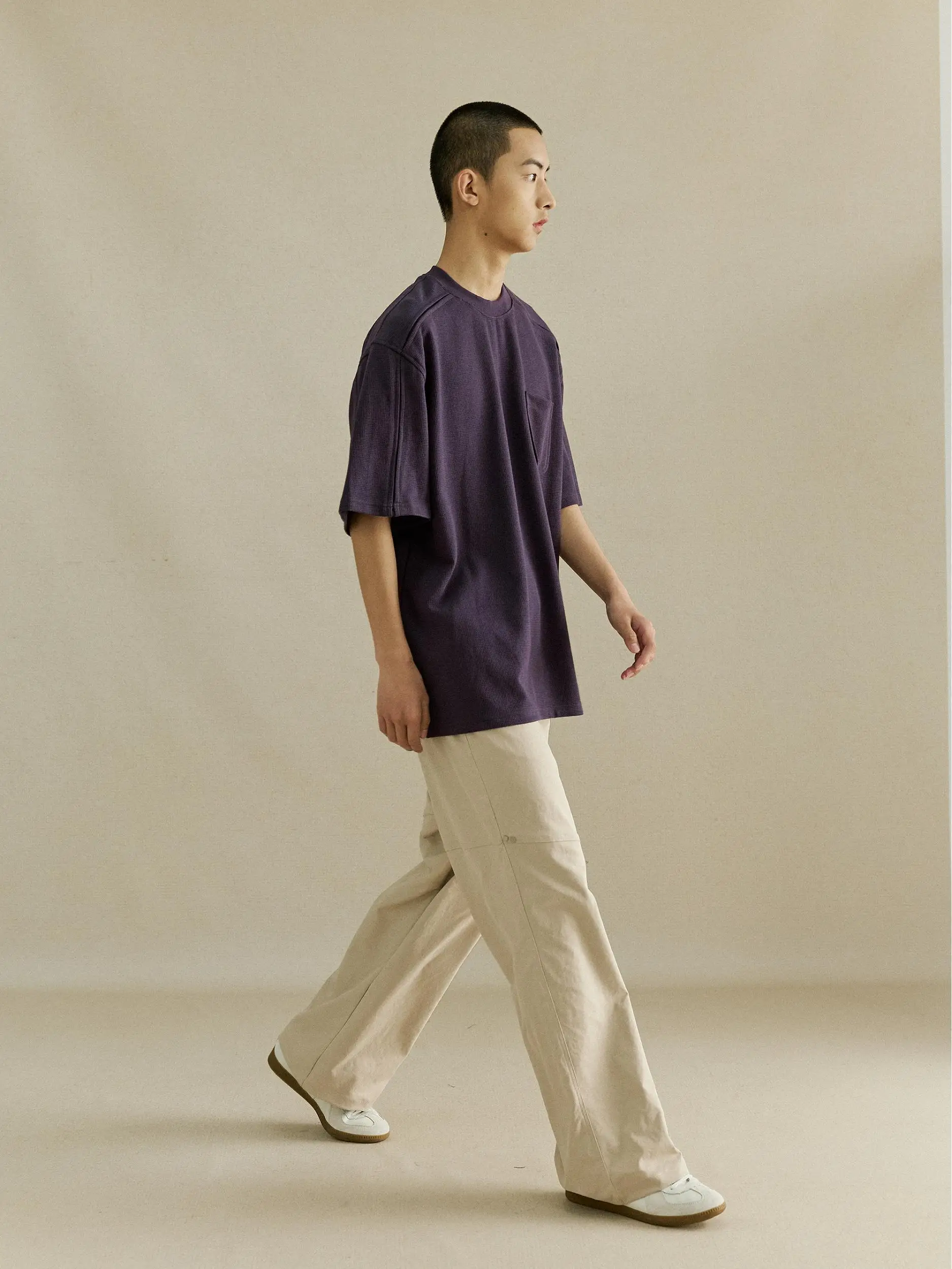 New style dropped shoulder sleeves loose waffle round neck short sleeve men summer American solid color casual T shirt tee y2k