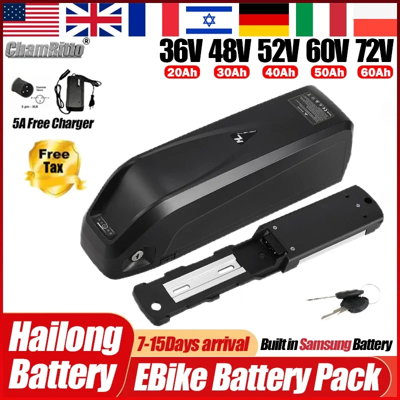 

Аккумулятор для электровелосипеда Hailong 48В 30Ач, Liuthium Battery 1000Вт 13S5P, 52В 60В 72В 20Ач 40Ач 50Ач для Chamrider