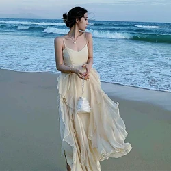 Spring Summer Suspender Chiffon Beach Style Dress Spaghetti Strap Slash Neck Solid Robes Sexy Elegant Backless Dress for Women