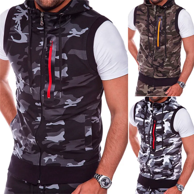 Spring Summer Sporting Hoody Male Joggers Sportswear Vest Men Sleeveless Sweatshirt Hoodies Military Camouflage Hooded Tank Top