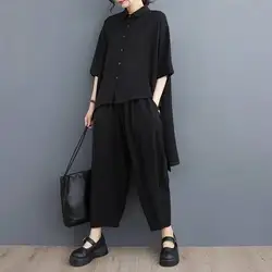 #2708 Spring Summer Black Asymmetrical Long Shirt And Harem Pants Women Loose 2 Piece Outfits Women Pants Set