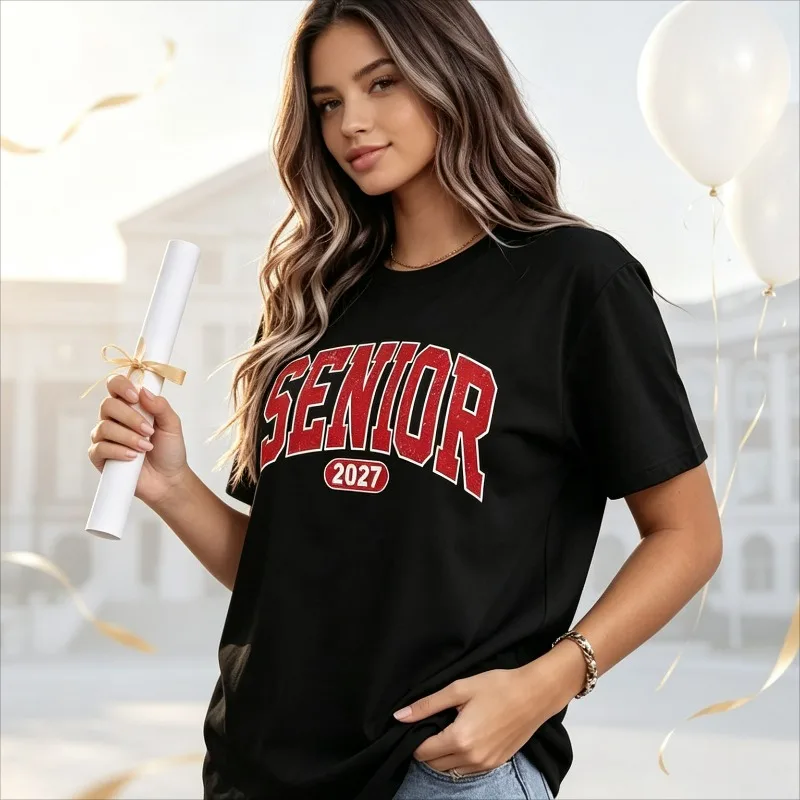 SENIOR 2027 Front Print T-Shirt 100% Cotton Women Short Sleeve Tee Graduation Senior Class Casual Weekend Hangout Top