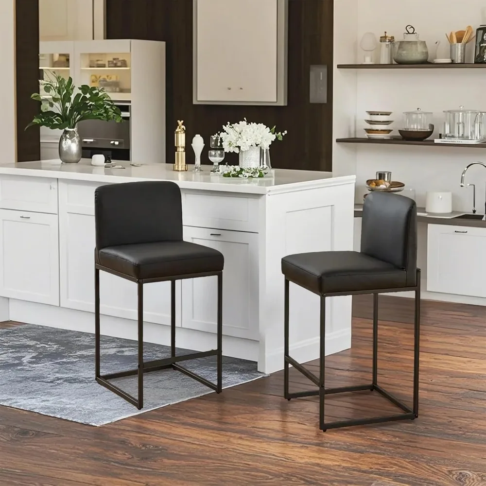 Black Bar Stools - 26 Counter Height Barstools, Modern PU Leather Kitchen Stools with Metal Base