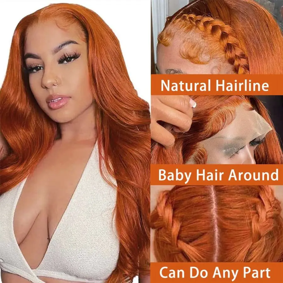 Wig Rambut Asli Dark Ginger Lace Front Model Body Wave Warna Oranye Ginger Brown Brazilian HD Lace Front Wig Rambut Asli Tanpa Lem 150 Density