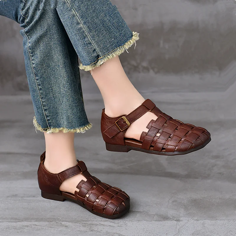 Handwoven Genuine Leather Roman Sandals Women's Summer New Soft Leather Hollow out Breathable Mom Shoes Low Heel round Toe