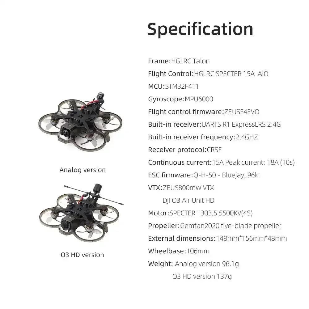 HGLRC Talon 2inch Cinewhoop Analog / O3 HD FPV Drone SPECTER 15A AIO ZEUS 800mW / O3 Air Unit SPECTER 1303.5 5500KV