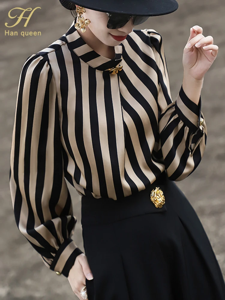 

H Han Queen Stand up collar Stripe Spring Women Clothing Loose Chiffon Shirts&Blouses Work Casual Tops Women's Vintage Shirts