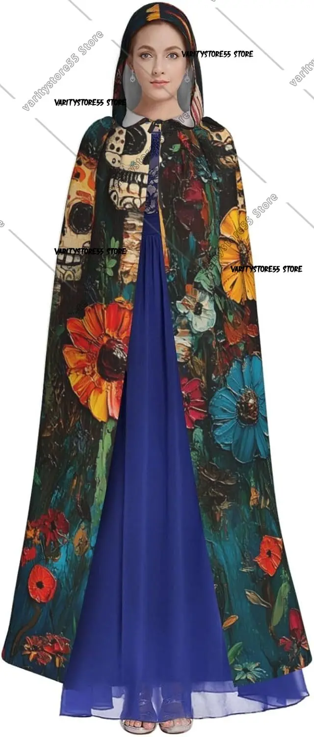 Mantello con cappuccio per costume di Halloween con mantello con cappuccio per strega adulta con teschio di candele messicane