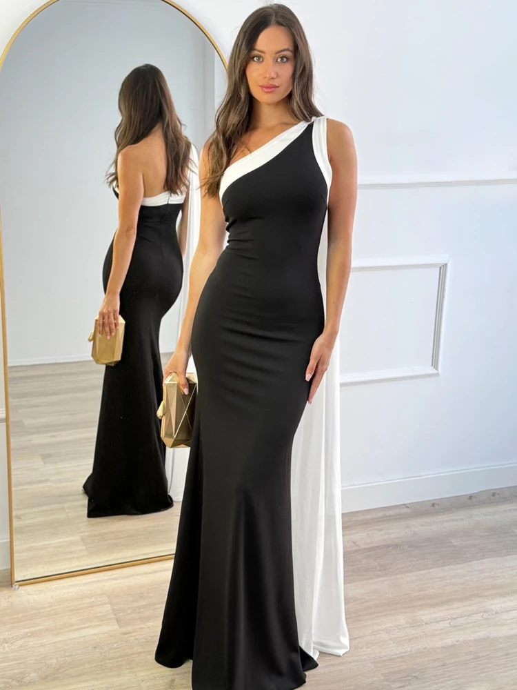 Sibybo Fashion Inclined Shoulder Patchwork Women Maxi Dress Elegant Backless Sleveless Ribbons Long Dress Lady Evening Vestidos