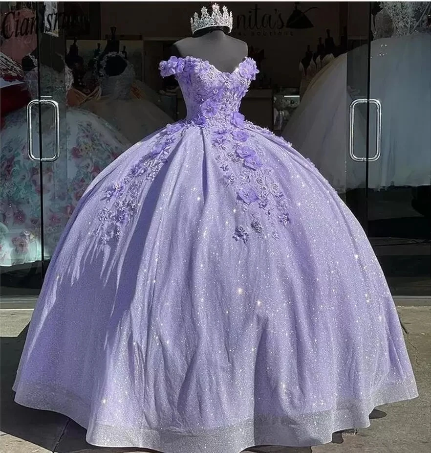 Lavender Ball Gown Quinceanera Dresses 15 Years Sexy Off-Shoulder 3D Flower Tulle Formal Princess Birthday Gowns