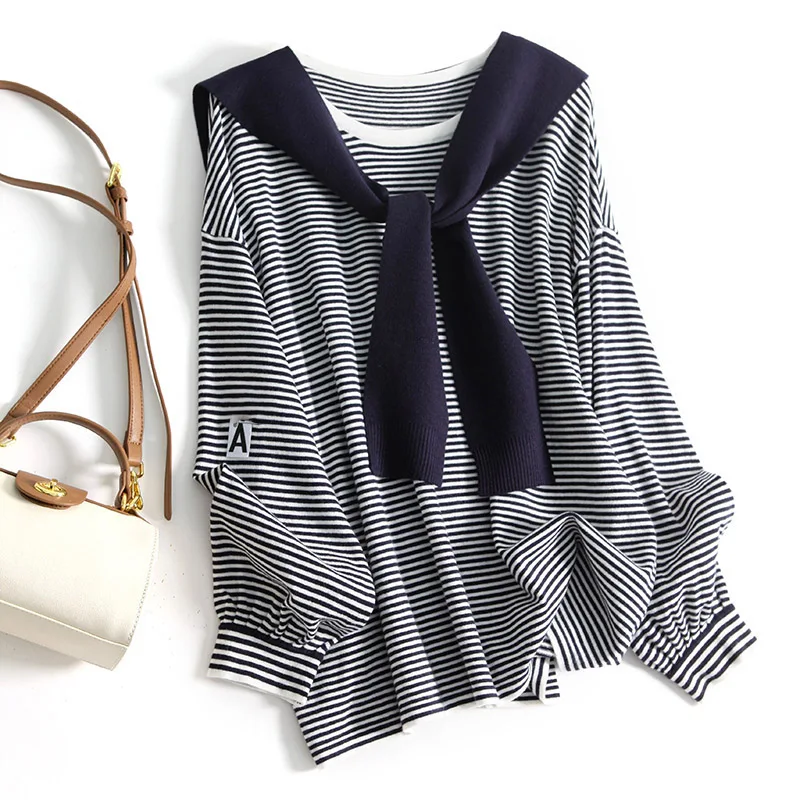 

Camere oulder Wrap Two-Piece Set Striped Knitwear Casual Loose Ele round Ne Long Sve Women's Faion Autumn Wear