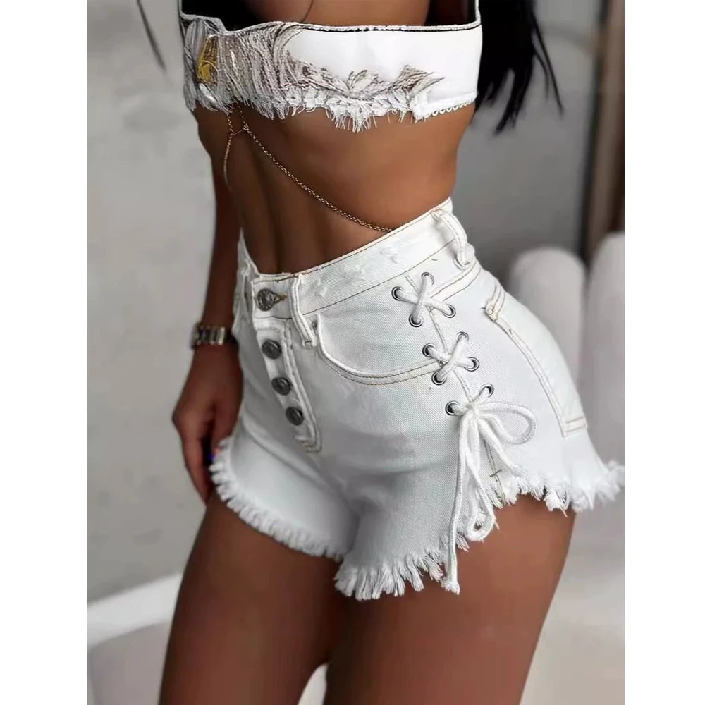 

Tesco Denim shorts Summer American Retro Women shorts y2k джинсовые шорты Sexy High Waist Lace-up jean shorts Summer Outfit