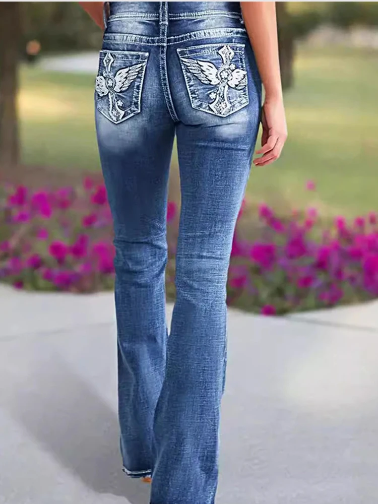 

Y2k Retro Gothic High Waited Jeans Hot Embroidery Pattern Blue Jeans Woman Hip Micro Horn Baggy Jeans Street Clothing