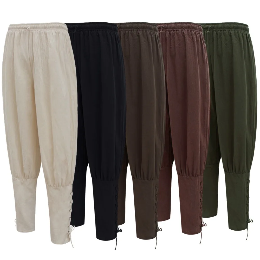 Calças casuais soltas medievais de cor sólida – Calças compridas de Halloween com alças no tornozelo, ajuste skinny para temas medievais