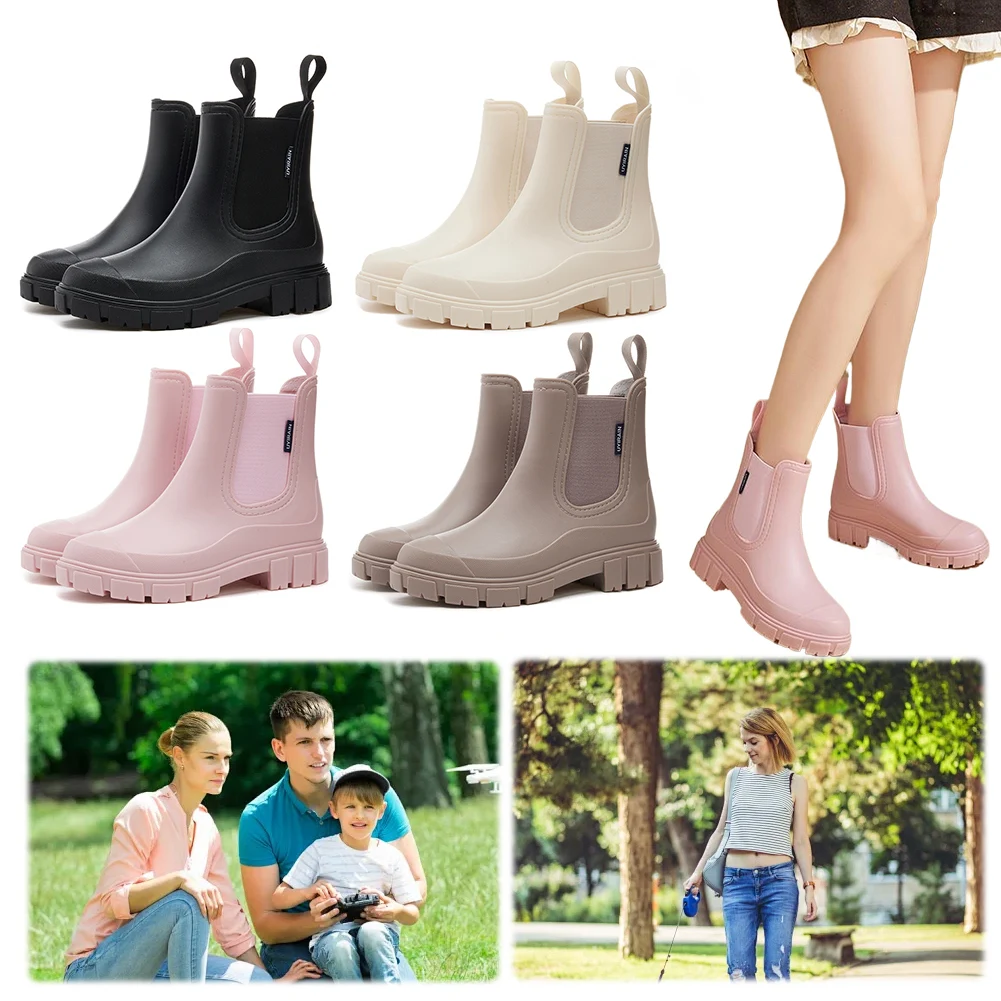 Waterproof Wellington Boots Thick Sole Short Boots Non-Slip Fashion Rain Boots Breathable Wide Toe Booties for Women