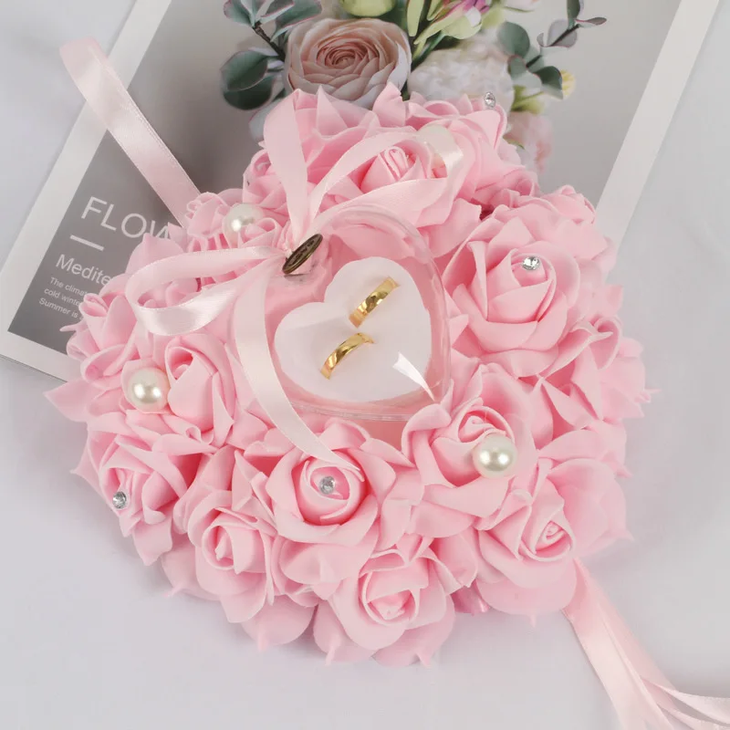 Weeding Couple Rings Holder Sweet Valentine Day Gift Heart Shape Ring Pillow Cushion Simulation Rose Flowers Jewelry Case