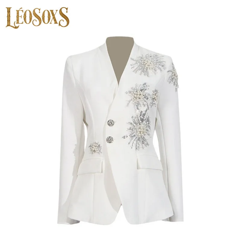 LEOSOXS V Neck Slim Women's Blazers Diamond Inlay Formal Jacket Solid Fashion Outerwears Autumn Long Sleeves Suit Coats New 2025